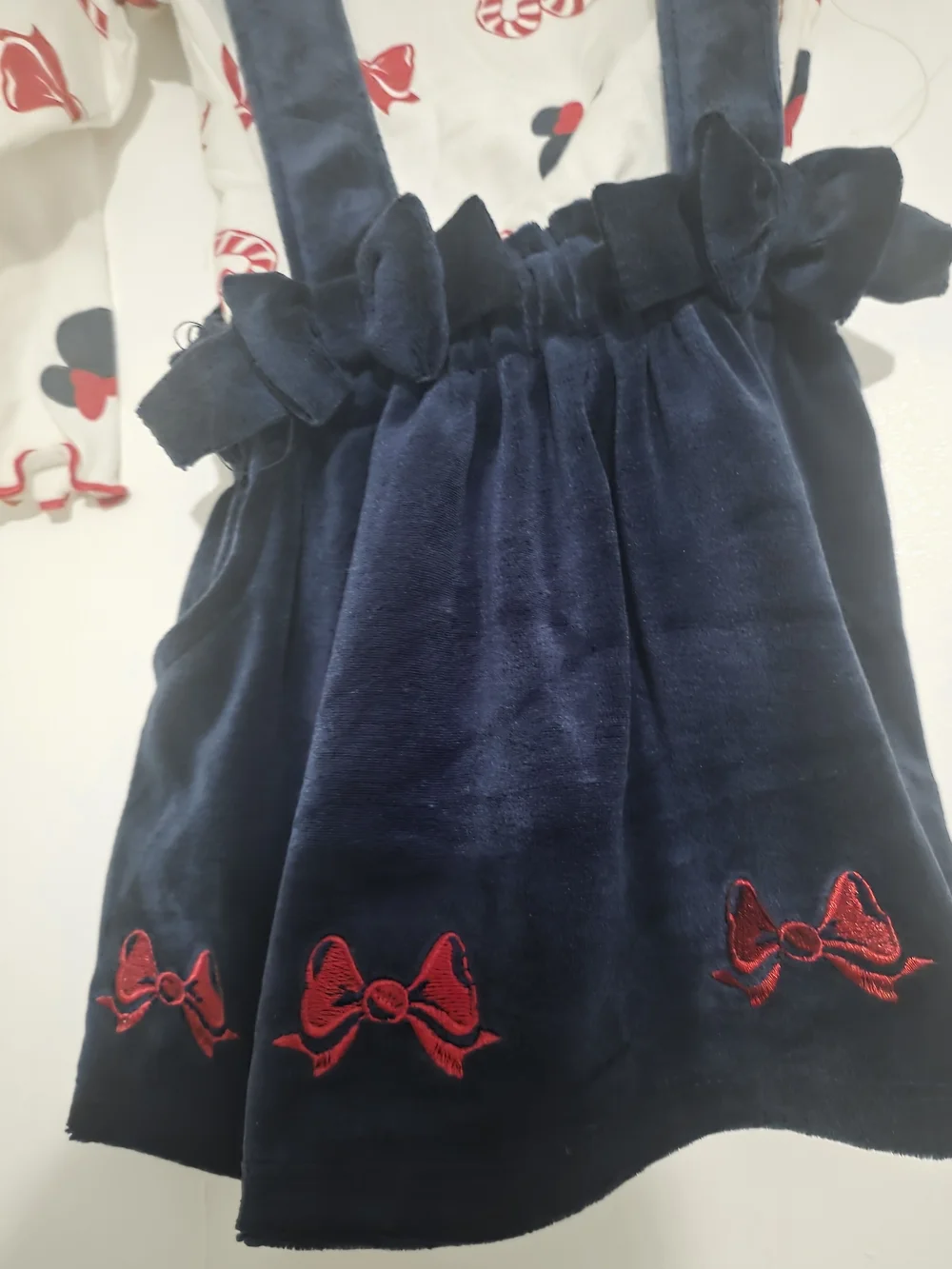 Disney Minnie Mouse  Navy Velvet Suspender Skirt with White Red-Bow Print Top